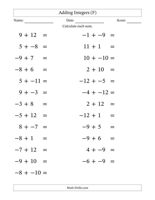 The Adding Mixed Integers from -12 to 12 (25 Questions; Large Print; No Parentheses) (F) Math Worksheet