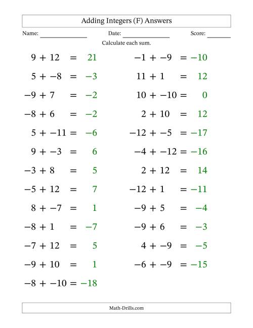 The Adding Mixed Integers from -12 to 12 (25 Questions; Large Print; No Parentheses) (F) Math Worksheet Page 2
