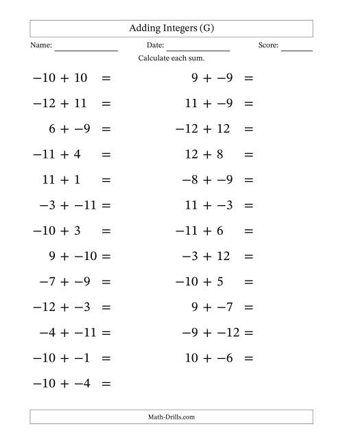 The Adding Mixed Integers from -12 to 12 (25 Questions; Large Print; No Parentheses) (G) Math Worksheet