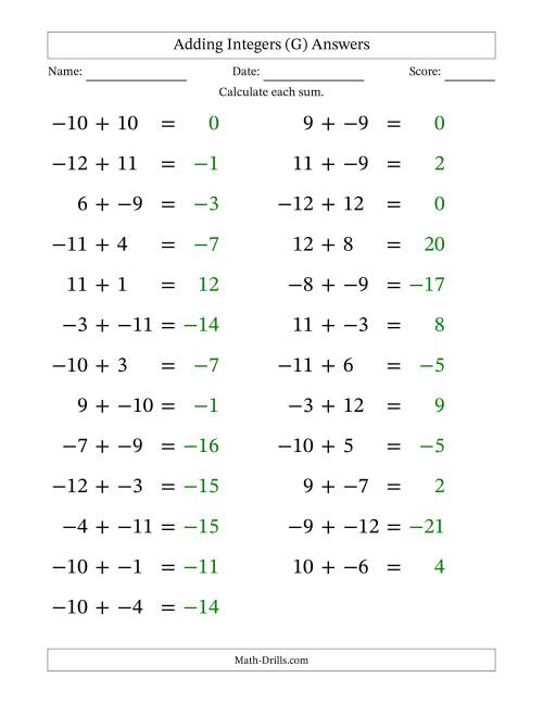 The Adding Mixed Integers from -12 to 12 (25 Questions; Large Print; No Parentheses) (G) Math Worksheet Page 2