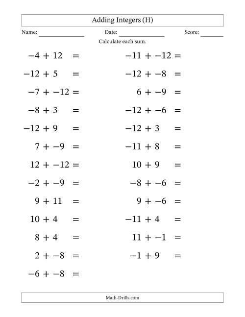 The Adding Mixed Integers from -12 to 12 (25 Questions; Large Print; No Parentheses) (H) Math Worksheet