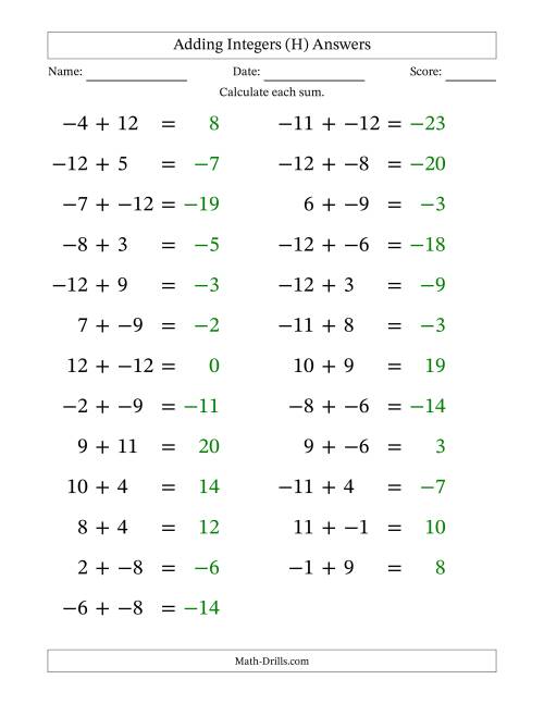 The Adding Mixed Integers from -12 to 12 (25 Questions; Large Print; No Parentheses) (H) Math Worksheet Page 2