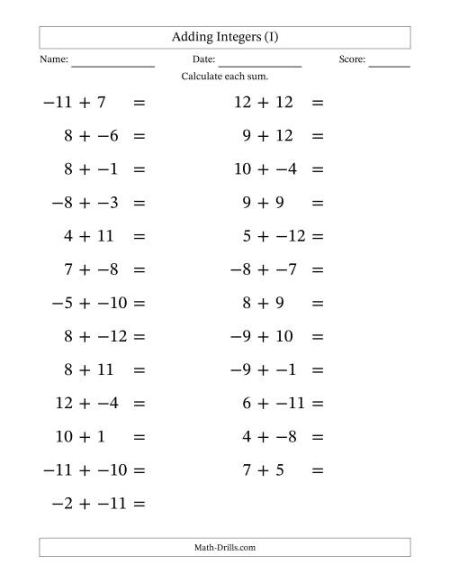 The Adding Mixed Integers from -12 to 12 (25 Questions; Large Print; No Parentheses) (I) Math Worksheet