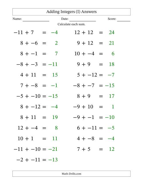 The Adding Mixed Integers from -12 to 12 (25 Questions; Large Print; No Parentheses) (I) Math Worksheet Page 2