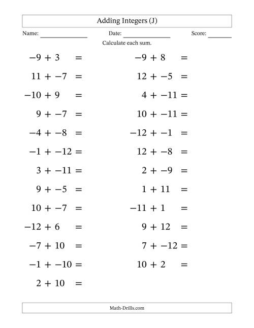 The Adding Mixed Integers from -12 to 12 (25 Questions; Large Print; No Parentheses) (J) Math Worksheet