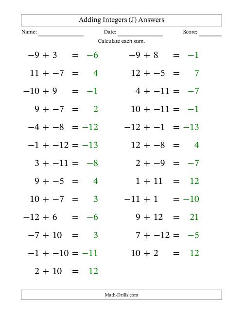 The Adding Mixed Integers from -12 to 12 (25 Questions; Large Print; No Parentheses) (J) Math Worksheet Page 2
