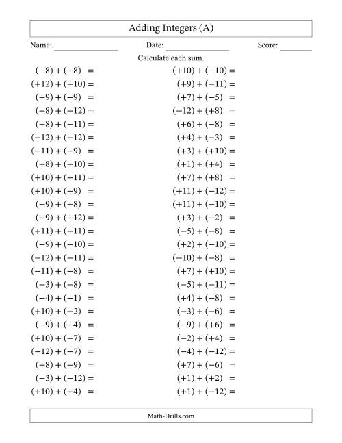 The Adding Mixed Integers from -12 to 12 (50 Questions; All Parentheses) (A) Math Worksheet