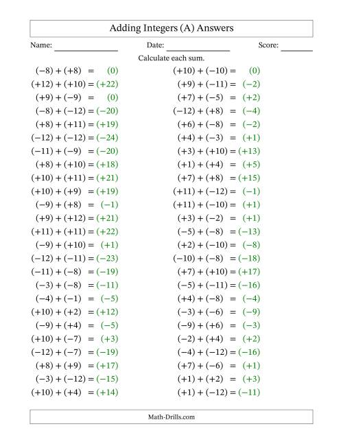 The Adding Mixed Integers from -12 to 12 (50 Questions; All Parentheses) (A) Math Worksheet Page 2