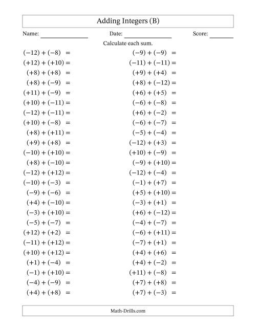 The Adding Mixed Integers from -12 to 12 (50 Questions; All Parentheses) (B) Math Worksheet