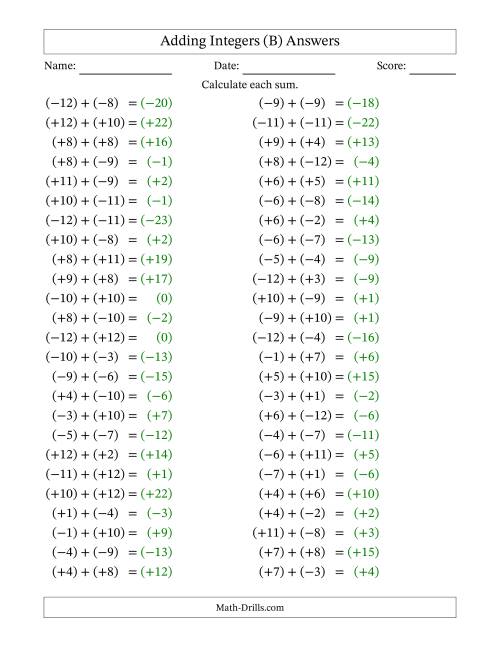 The Adding Mixed Integers from -12 to 12 (50 Questions; All Parentheses) (B) Math Worksheet Page 2