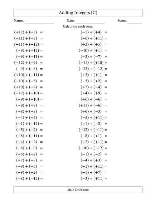 The Adding Mixed Integers from -12 to 12 (50 Questions; All Parentheses) (C) Math Worksheet