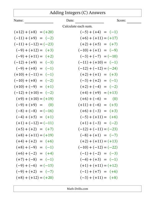 The Adding Mixed Integers from -12 to 12 (50 Questions; All Parentheses) (C) Math Worksheet Page 2