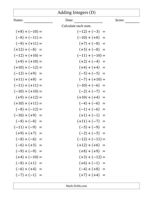 The Adding Mixed Integers from -12 to 12 (50 Questions; All Parentheses) (D) Math Worksheet