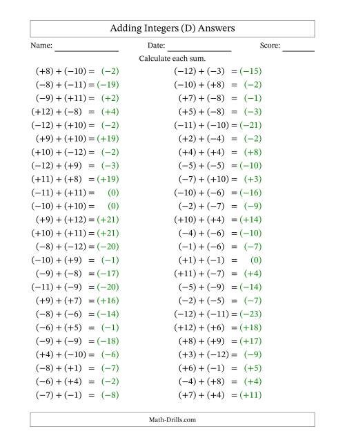 The Adding Mixed Integers from -12 to 12 (50 Questions; All Parentheses) (D) Math Worksheet Page 2