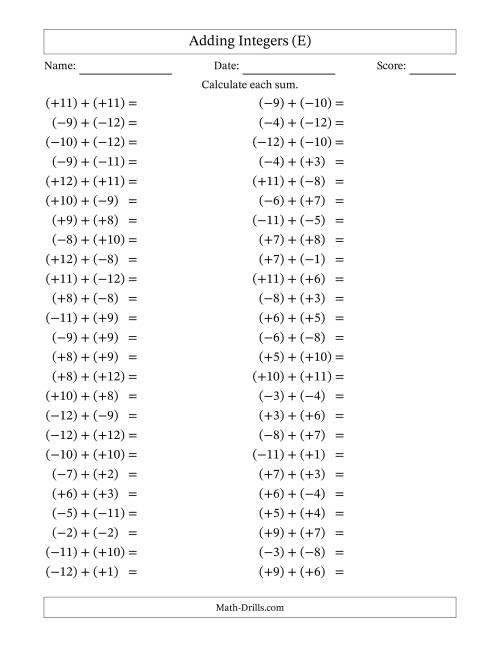 The Adding Mixed Integers from -12 to 12 (50 Questions; All Parentheses) (E) Math Worksheet