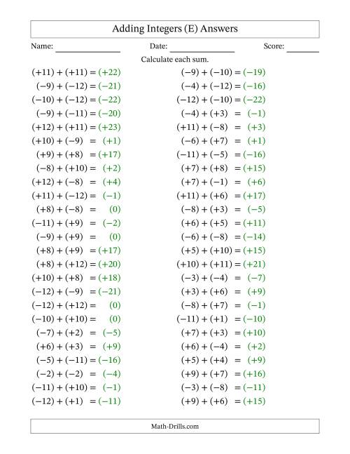 The Adding Mixed Integers from -12 to 12 (50 Questions; All Parentheses) (E) Math Worksheet Page 2