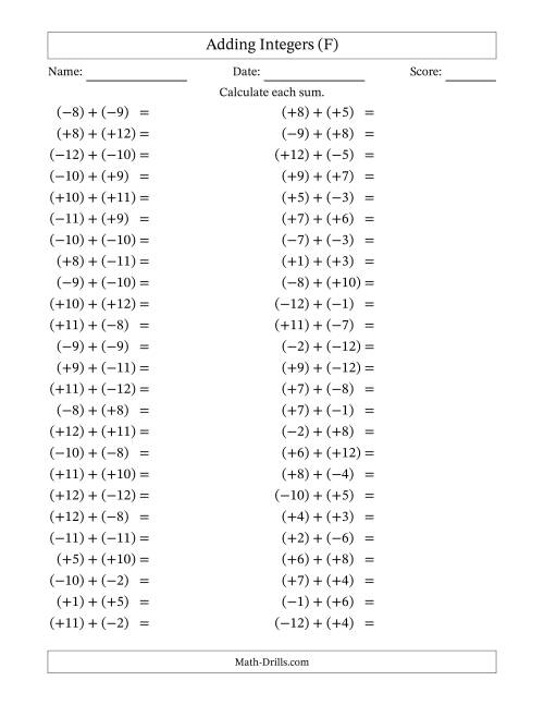 The Adding Mixed Integers from -12 to 12 (50 Questions; All Parentheses) (F) Math Worksheet