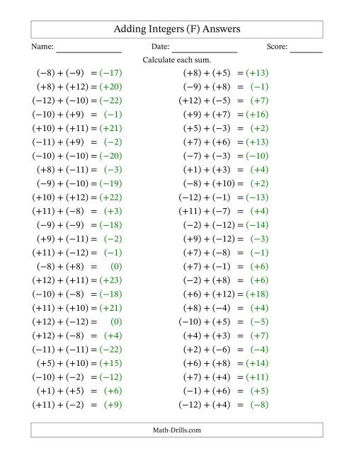 The Adding Mixed Integers from -12 to 12 (50 Questions; All Parentheses) (F) Math Worksheet Page 2