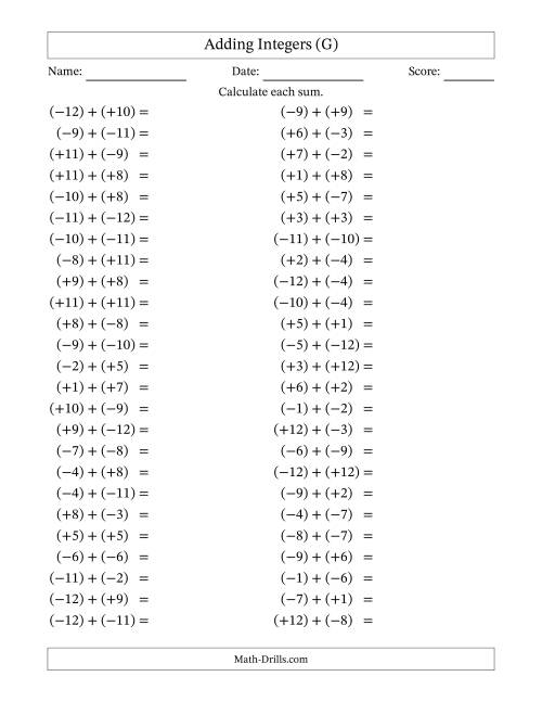 The Adding Mixed Integers from -12 to 12 (50 Questions; All Parentheses) (G) Math Worksheet