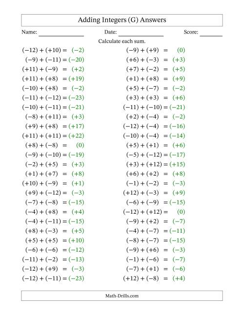 The Adding Mixed Integers from -12 to 12 (50 Questions; All Parentheses) (G) Math Worksheet Page 2