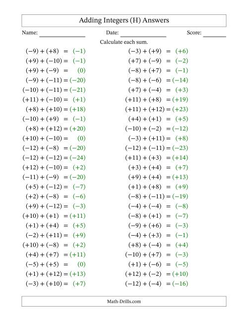 The Adding Mixed Integers from -12 to 12 (50 Questions; All Parentheses) (H) Math Worksheet Page 2