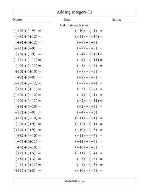 The Adding Mixed Integers from -12 to 12 (50 Questions; All Parentheses) (I) Math Worksheet