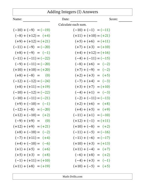 The Adding Mixed Integers from -12 to 12 (50 Questions; All Parentheses) (I) Math Worksheet Page 2