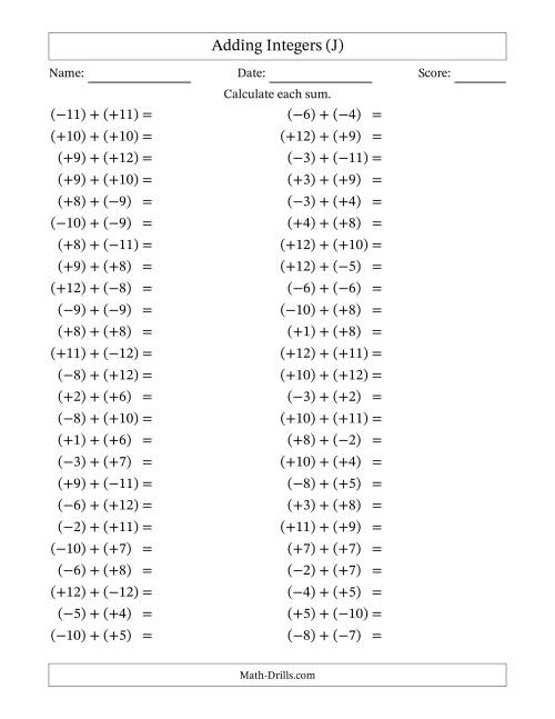 The Adding Mixed Integers from -12 to 12 (50 Questions; All Parentheses) (J) Math Worksheet
