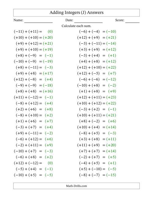 The Adding Mixed Integers from -12 to 12 (50 Questions; All Parentheses) (J) Math Worksheet Page 2