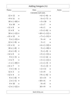 Adding Mixed Integers from -12 to 12 (50 Questions)