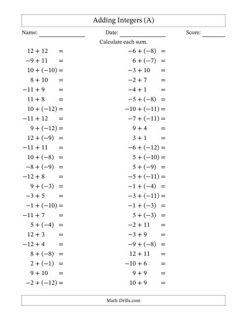 The Adding Mixed Integers from -12 to 12 (50 Questions) (A) Math Worksheet