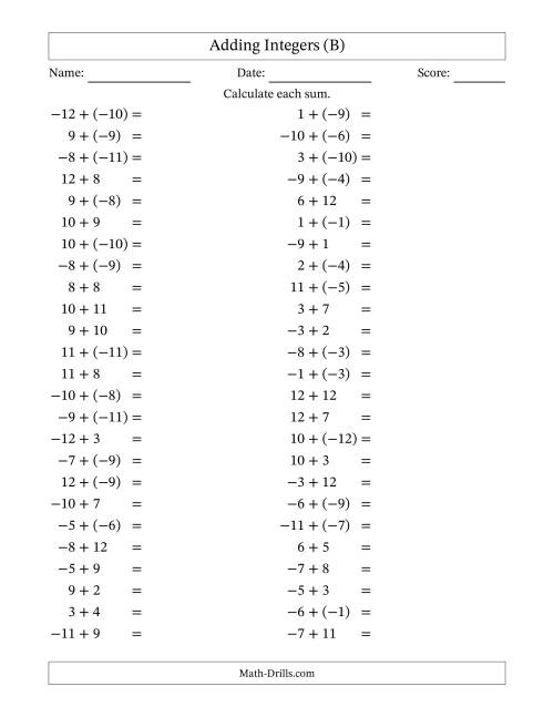 The Adding Mixed Integers from -12 to 12 (50 Questions) (B) Math Worksheet