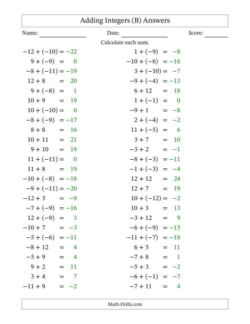 The Adding Mixed Integers from -12 to 12 (50 Questions) (B) Math Worksheet Page 2