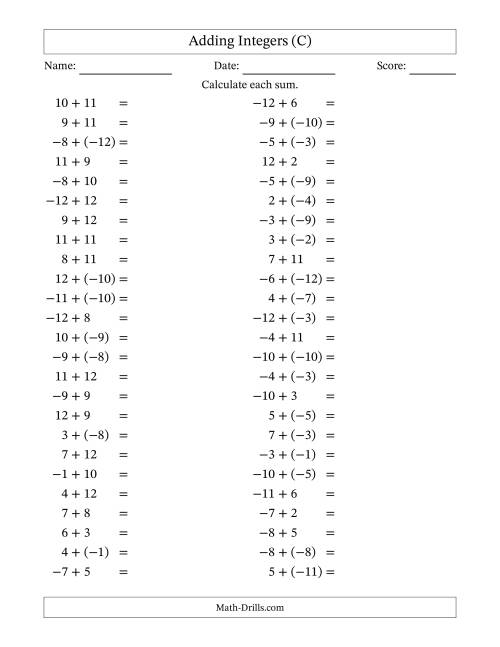 The Adding Mixed Integers from -12 to 12 (50 Questions) (C) Math Worksheet