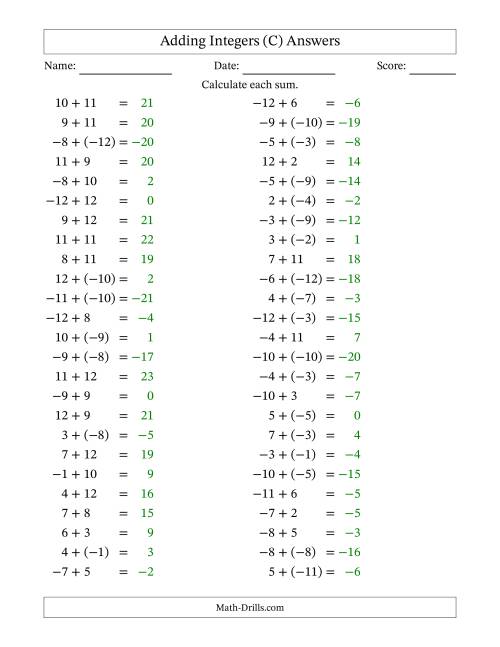 The Adding Mixed Integers from -12 to 12 (50 Questions) (C) Math Worksheet Page 2