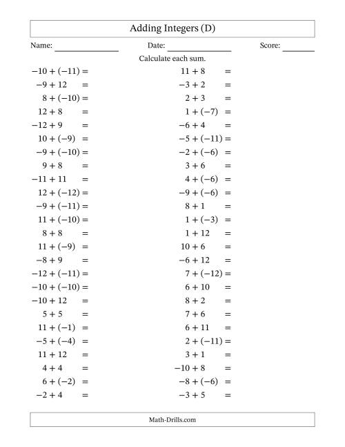 The Adding Mixed Integers from -12 to 12 (50 Questions) (D) Math Worksheet