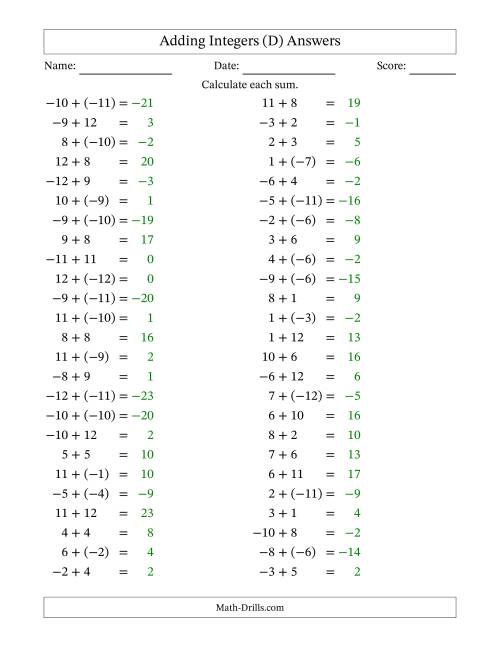 The Adding Mixed Integers from -12 to 12 (50 Questions) (D) Math Worksheet Page 2