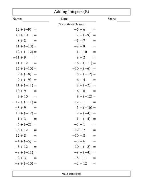 The Adding Mixed Integers from -12 to 12 (50 Questions) (E) Math Worksheet