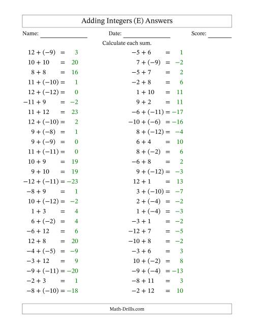 The Adding Mixed Integers from -12 to 12 (50 Questions) (E) Math Worksheet Page 2