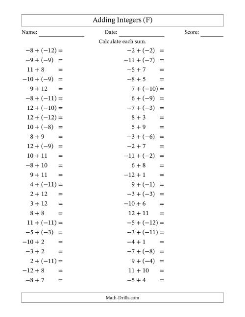 The Adding Mixed Integers from -12 to 12 (50 Questions) (F) Math Worksheet