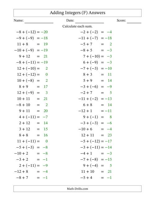 The Adding Mixed Integers from -12 to 12 (50 Questions) (F) Math Worksheet Page 2