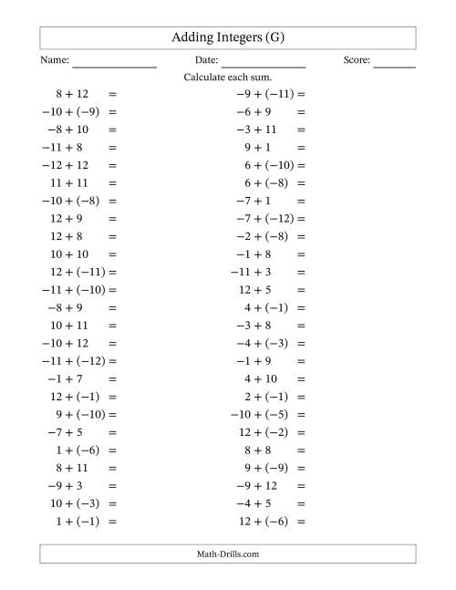 The Adding Mixed Integers from -12 to 12 (50 Questions) (G) Math Worksheet