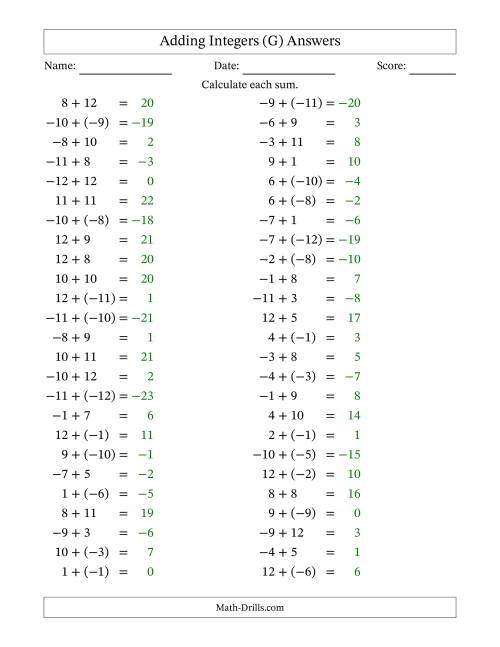 The Adding Mixed Integers from -12 to 12 (50 Questions) (G) Math Worksheet Page 2