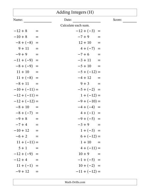 The Adding Mixed Integers from -12 to 12 (50 Questions) (H) Math Worksheet