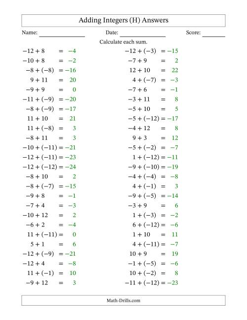 The Adding Mixed Integers from -12 to 12 (50 Questions) (H) Math Worksheet Page 2