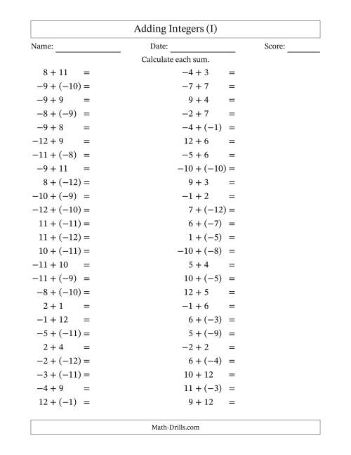 The Adding Mixed Integers from -12 to 12 (50 Questions) (I) Math Worksheet