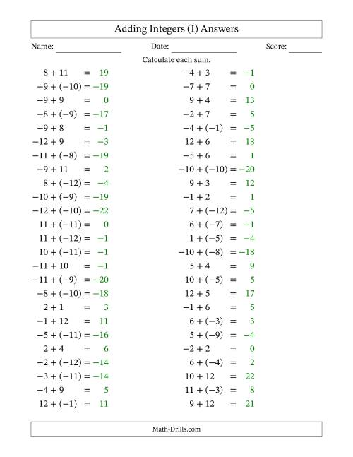 The Adding Mixed Integers from -12 to 12 (50 Questions) (I) Math Worksheet Page 2