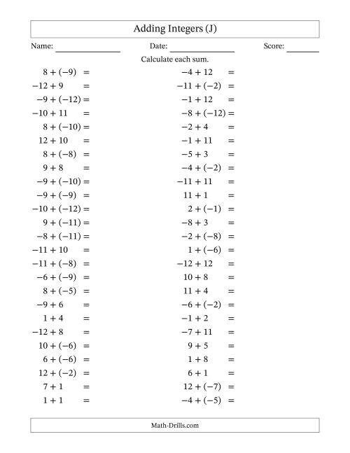 The Adding Mixed Integers from -12 to 12 (50 Questions) (J) Math Worksheet