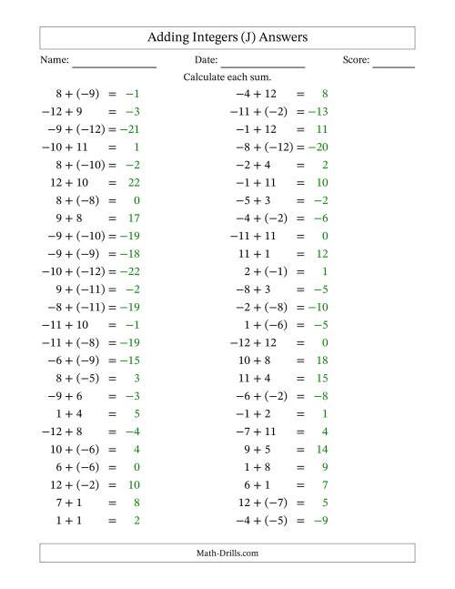 The Adding Mixed Integers from -12 to 12 (50 Questions) (J) Math Worksheet Page 2