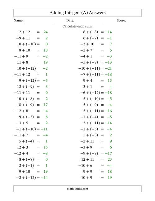 The Adding Mixed Integers from -12 to 12 (50 Questions) (All) Math Worksheet Page 2